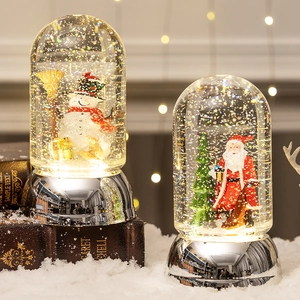 Christmas Snow Globe Lantern LED Glowing Swirling Glitter Ornament Santa Snowman Silver Mirror Base Plastic Holiday Decor
