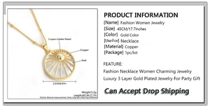 Detailed size chart for sun star necklace with shell pendant and dimensions