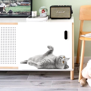 Detailed 3D grey British Shorthair cat wall sticker on a white cabinet door