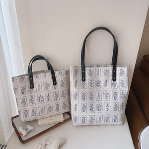 Floral Print Canvas Tote Bag French Retro Shoulder Handbag With PU Leather Handle Rivet Decor For Women Daily Use