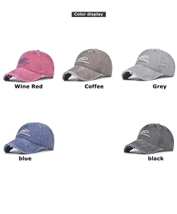 Detailed color display of vintage washed cotton baseball caps with intricate embroidery