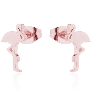 Elegant rose gold flamingo stud earrings in stainless steel with a high-polish finish