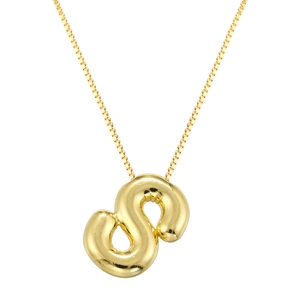 Macro detail of golden balloon style letter S pendant on a classic metal box chain