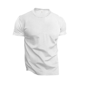Close-up of white breathable waffle knit fabric and crew neck detail on men's sport T-shirt