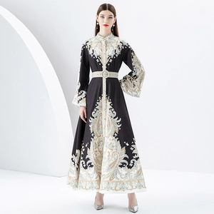 Women Royal Vintage Maxi Dress Chiffon Flare Sleeve Paisley Print Baroque Stand Collar Belted Elegant A-Line Long Robe