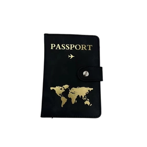 Detail of RFID blocking passport holder in black PU leather with gold map engraving