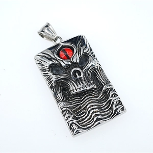 Retro punk rectangular necklace pendant featuring silver skull with a red devil eye stone