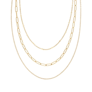 Three-layer gold titanium steel necklace featuring a paperclip chain and bead accents
