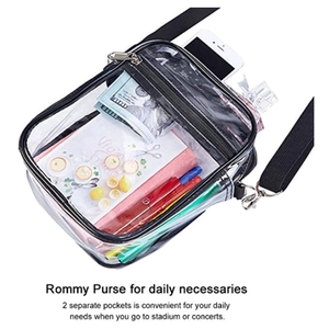 Detail of transparent PVC crossbody bag with double zipper and adjustable strap