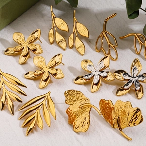 Leaf Flower Earrings Stainless Steel 18K Gold Plated Hammered Texture Waterproof Hypoallergenic Fashion Jewelry Women
