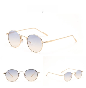 Detailed view of round metal vintage sunglasses with blue to yellow gradient lenses