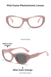 Pink cat-eye blue light glasses showing photochromic lens transition from clear to dark