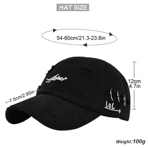 Detailed size guide of embroidered vintage baseball cap with brim and crown measurements