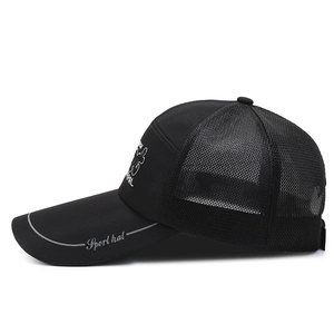 Men's black mesh baseball cap with breathable sport hat design and wide sunshade brim