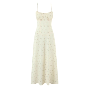 French style yellow floral sundress with thin straps and ruffled chest for summer vacation