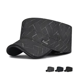 Men Winter Quilted Cadet Cap With Ear Flaps Warm Fleece Lined Windproof Flat Top Military Hat Adjustable
