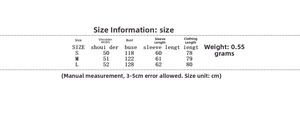 Detailed size chart for solid color padded jacket with shoulder and bust measurements
