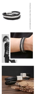 Detail of multi-layer stainless steel bracelet with black beads and magnetic clasp