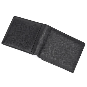 Detailed view of the black bifold leather wallet with premium lychee grain texture