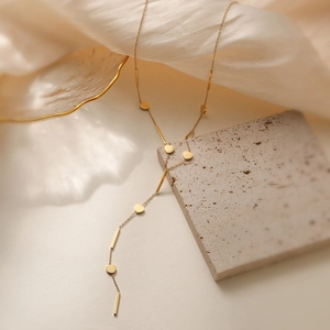 Minimalist 18K gold plated stainless steel Y-lariat necklace with heart and bar charms