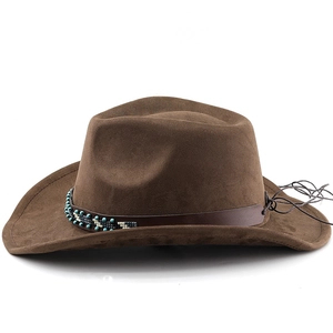 Detail of dark brown suede cowboy hat featuring colorful beaded ethnic style band