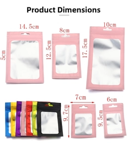 Size chart for colorful matte aluminum zip bags with clear window and hanging hole