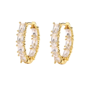 Luxury gold hollow mesh hoop earrings featuring rectangle cubic zirconia with V-shape design
