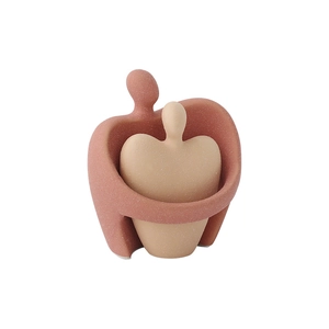 Modern minimalist ceramic hugging couple figurine in Morandi brick red and cream white
