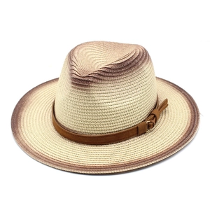 Unisex straw fedora hat with gradient spray paint finish and brown leather decorative band