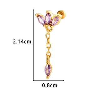 Gold crown stud earring with purple zircon tassels and size measurements displayed