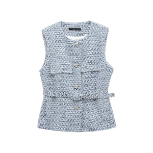 Women Elegant Tweed Vest Sleeveless Waistcoat Light Blue White Mixed Weave With Belt Silver Buttons Vintage Style