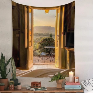 Detail of bohemian tapestry featuring an Italian countryside landscape view from a window