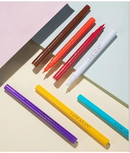 Set of seven waterproof colorful liquid eyeliners displayed in a professional studio shot