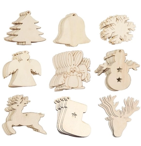 Macro detail of natural wood Christmas tree ornaments in nine classic holiday shapes