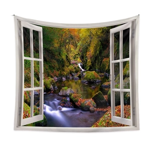 Detailed close-up of bohemian landscape tapestry with autumn forest and creek view