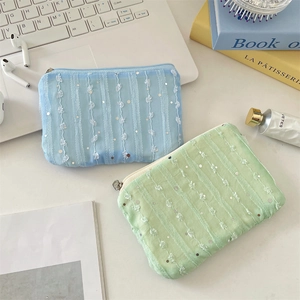 Detail of sequined chiffon flower coin pouches in light blue and mint green mesh