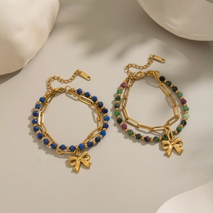 Double-layer natural lapis lazuli beaded bracelet with gold bow pendant in stainless steel