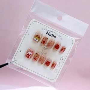 Handmade lunar new year cat eye press-on nails featuring shiba inu and fireworks