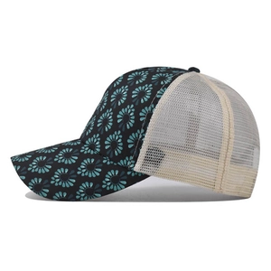 Women's ponytail baseball cap with floral print front and breathable mesh back