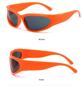 Detail showing 45 and 0 degree side views of orange sports sunglasses with gray lenses