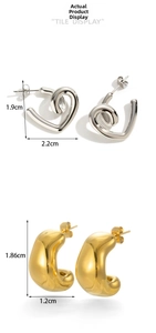 Detailed tile display of geometric knot earrings with size measurements in silver and gold