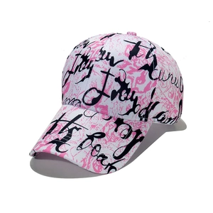 Pink and white graffiti print baseball cap with street style art lettering for summer