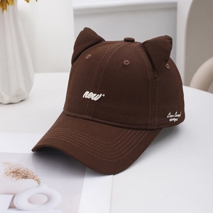 Dark brown baseball cap with 3D cat ears and white 'new' embroidery for a cute style