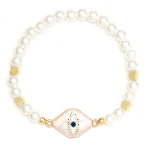 Detail of beaded bracelet with faux pearls, golden hearts, and evil eye charm