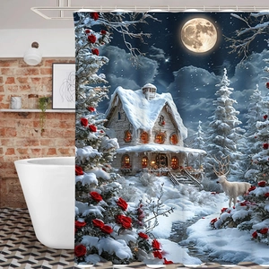 Détail du rideau de douche de Noël avec cabane d'hiver, renne et décor de neige fleuri