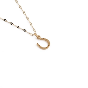Minimalist gold horseshoe pendant necklace with delicate flat-link chain on white background