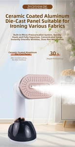 Detail of rose gold ceramic soleplate with steam holes on a portable handheld steamer