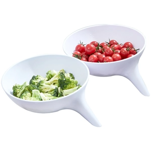 Set of two white plastic kitchen drain bowls with drainage spouts for fruits and vegetables