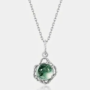 S925 Sterling Silver Moss Agate Pendant Necklace Natural Green Stone Geometric Circular Jewelry For Women Vintage Elegant Neck Accessory