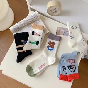 Women Crew Socks Combed Cotton Cartoon Dachshund Cat Flower Pattern Ribbed Cuff Breathable Casual Sweet Style